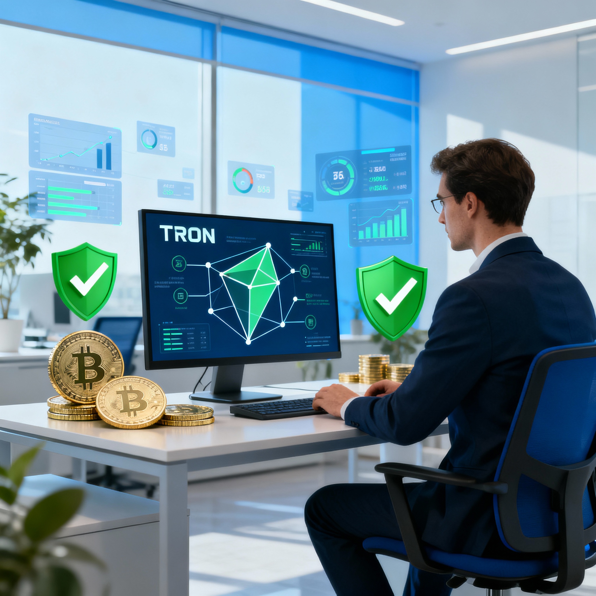 Аналитик изучает схему блокчейна TRON с зелеными символами безопасности и криптовалютными иконками