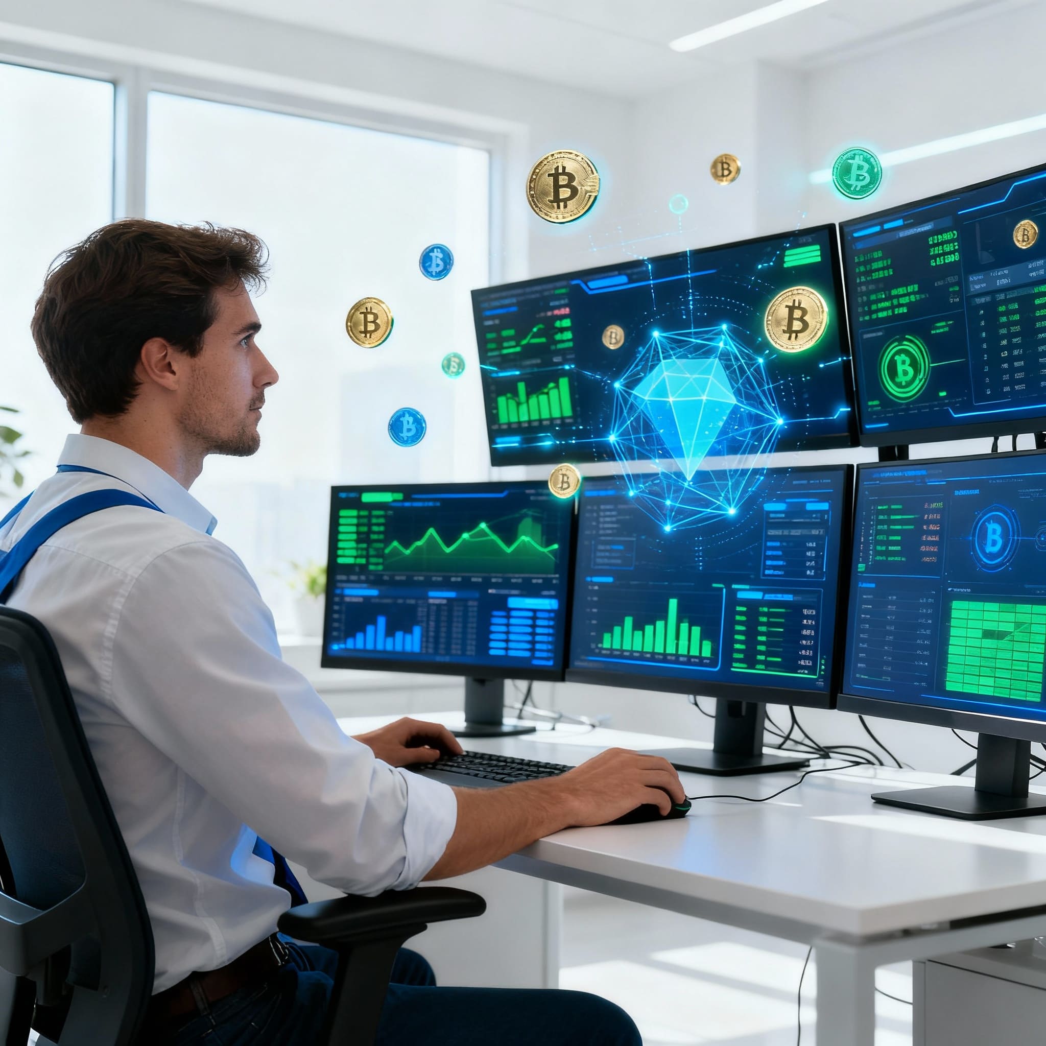Майнер работает за компьютером в современном офисе, на фоне графики роста и криптовалютные символы, профессиональная атмосфера